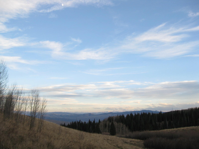 Incredible vista to the south under a half moon, hiking back north on the trail to FR 915