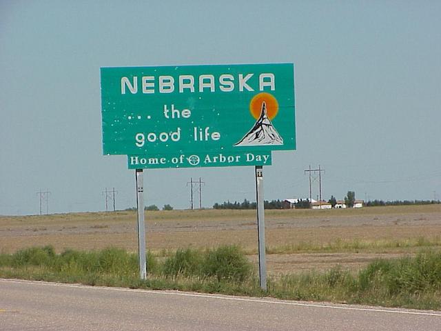Nebraska state line sign on the border, about 10 km west of the confluence.