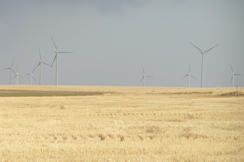 Wind turbines view to the south from the confluence point.