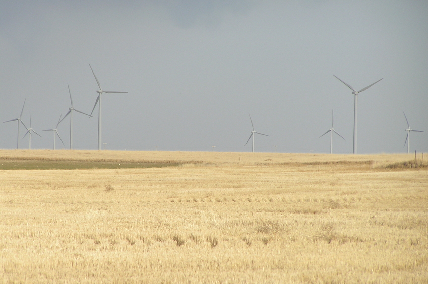 Wind turbines view to the south from the confluence point.