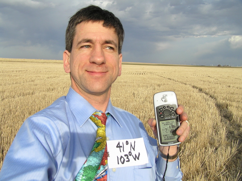 Out in the field with a map tie:  Joseph Kerski at the confluence of 41 North 103 West.