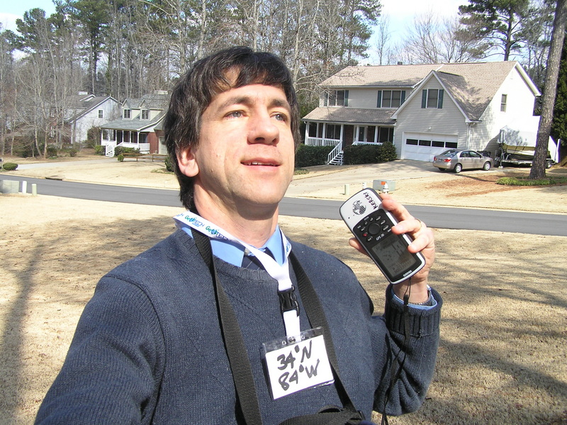 Joseph Kerski at the confluence of 34 North 84 West.