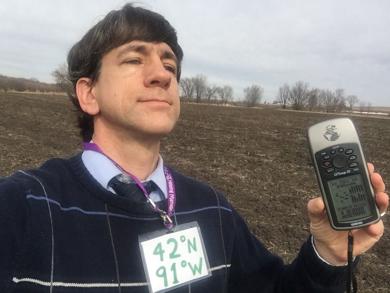 Joseph Kerski at the confluence of 42 North 91 West. 