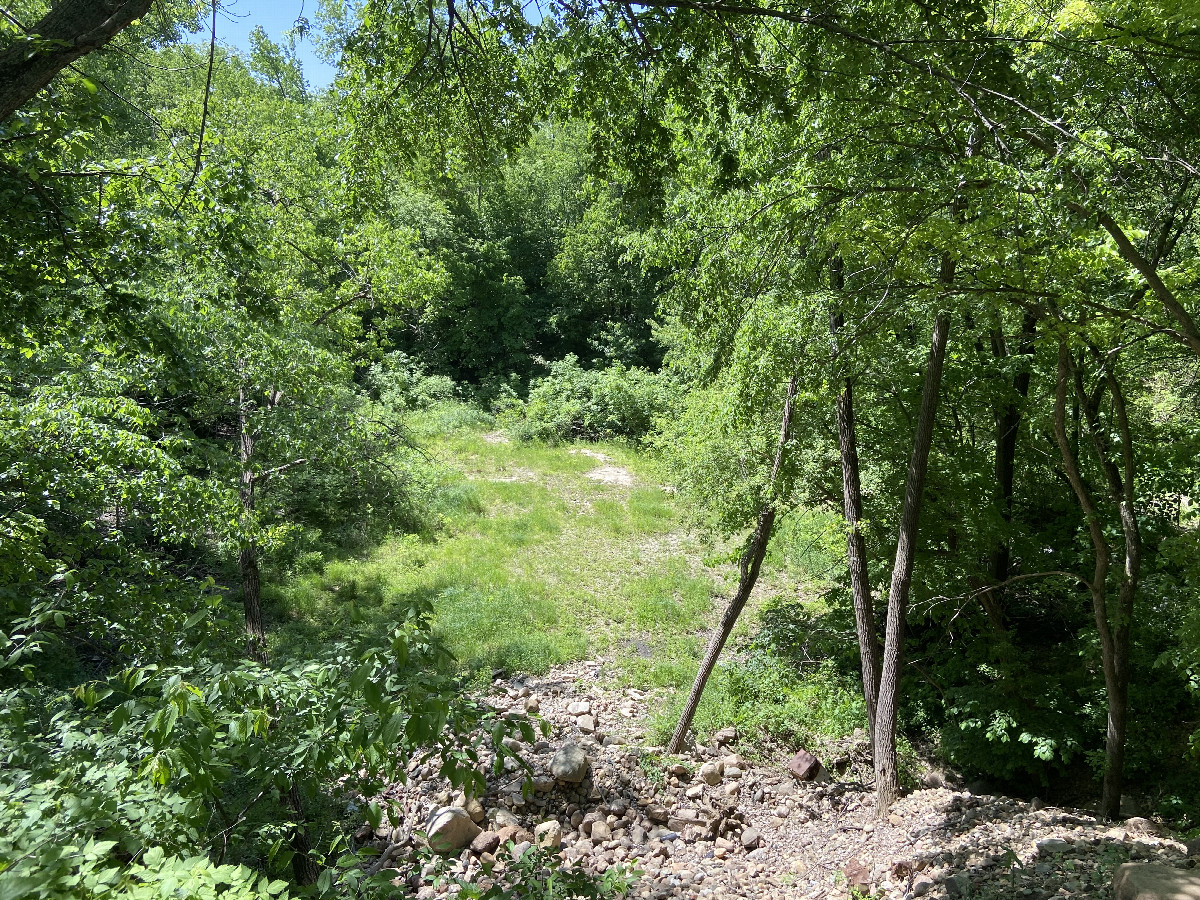 View of the confluence site from the top of the quarry. The confluence lies in the right part of the grove of trees in the distance. 