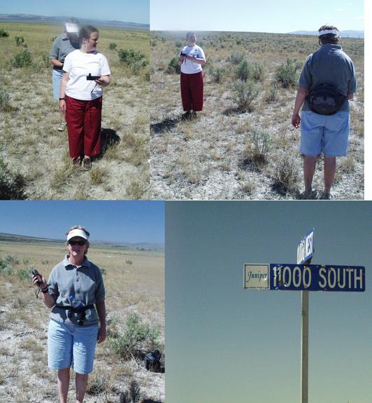 clockwise - doing the confluence dance, at the point, street sign in the middle of nowhere, my sister Jeanene