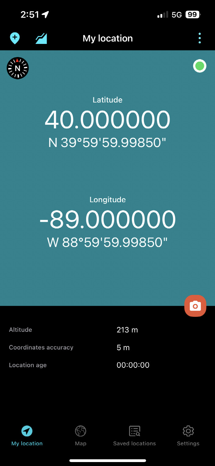 A screenshot of the GPS app, showing all zeros!