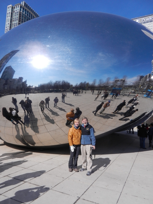 The Confluence Hunters pose at “the Bean” in downtown Chicago.