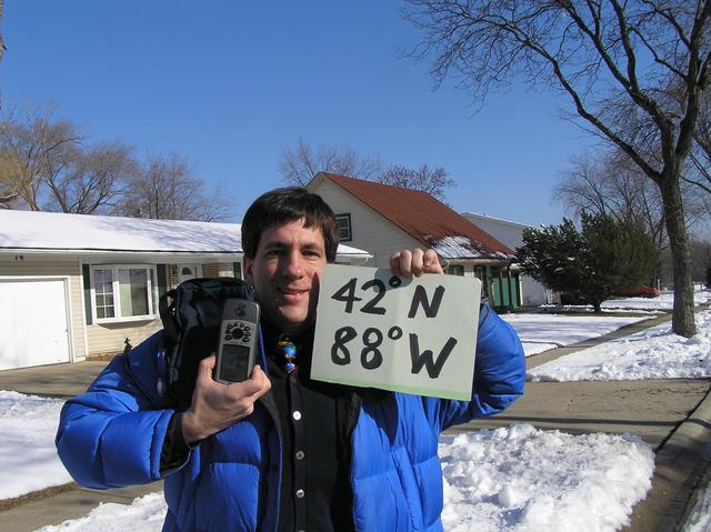 Joseph Kerski at the confluence of 42 North 88 West.