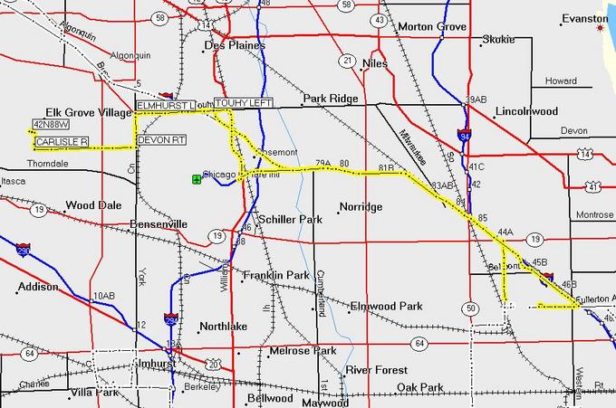 Map of the confluence.  Note the quicker return trip via O'Hare, avoiding the traffic near the Rosemont tollbooth.