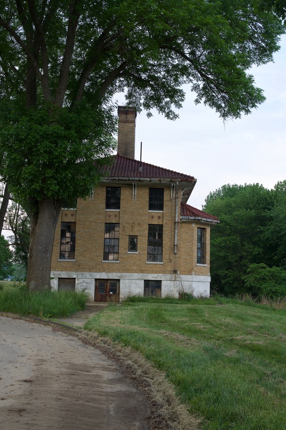 A derelict building near the river bank, close to the point 