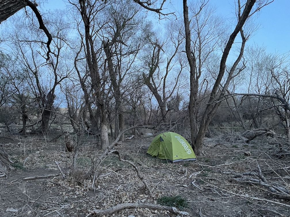 Tent pitched exactly upon the 100°W meridian in Buckner Valley Park