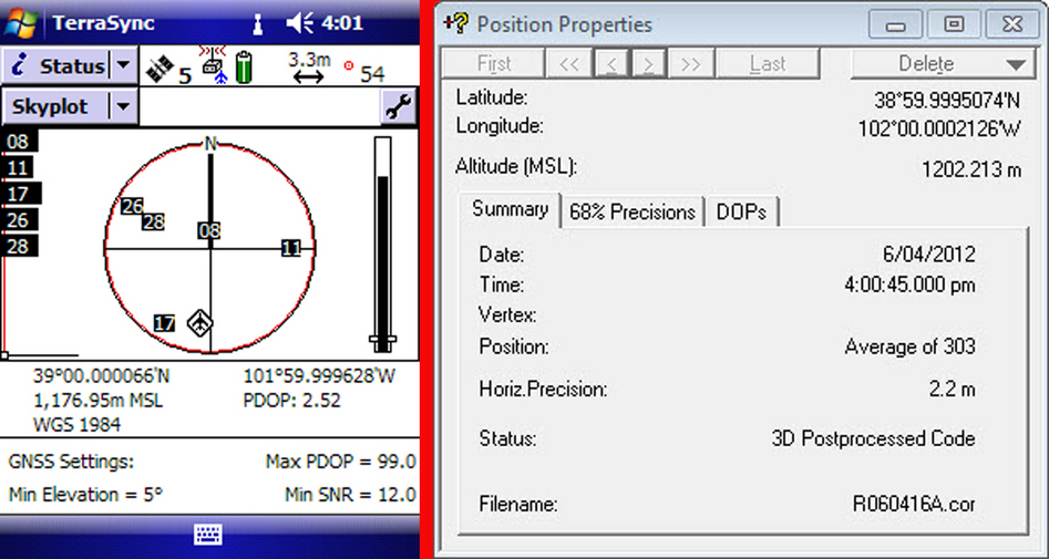 Raw TerraSync data on the left and post processed position on the right