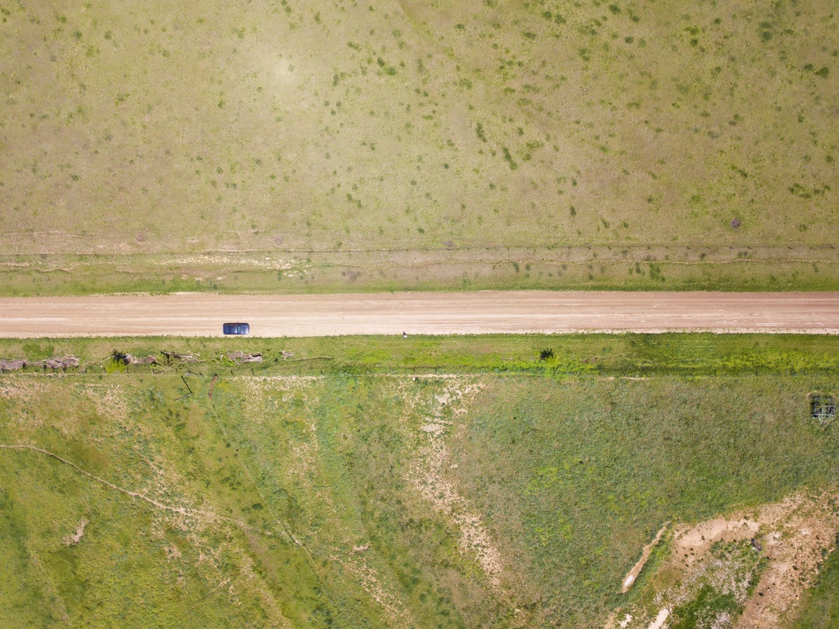 Looking down on the Nebraska-Kansas State Line from a height of 120m.  The top half is Nebraska; the bottom half is Kansas.  The Degree Confluence Point is at the bottom edge of the image.