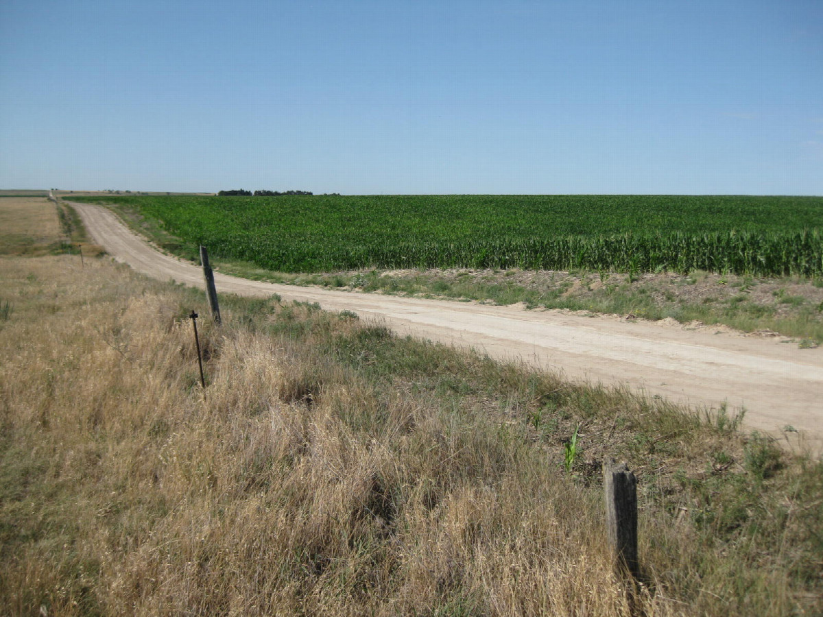 View to the southwest, confluence in front of the road in the middle of the image