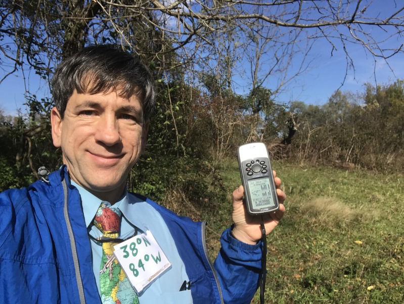 Joseph Kerski at the confluence point of 38 North 84 West.