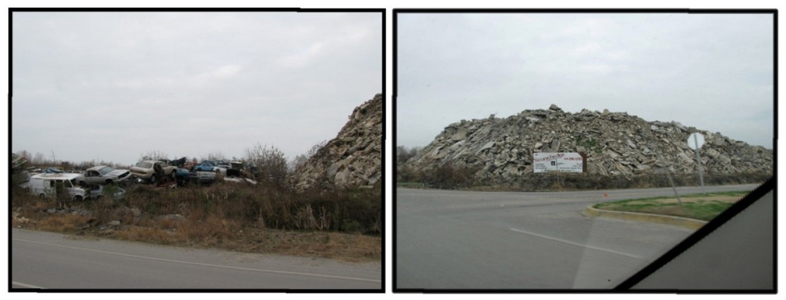 Wrecked cars and rubble along Almonaster Road near the confluence 