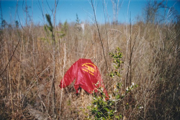 Red jacket marks the spot.  Pale stalks are cypressweed, dark ones are blackberry canes.