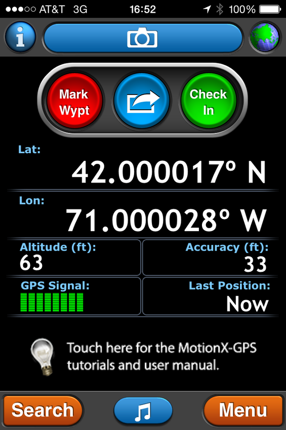 GPS reading from Motion X GPS app on cell phone at the confluence point.