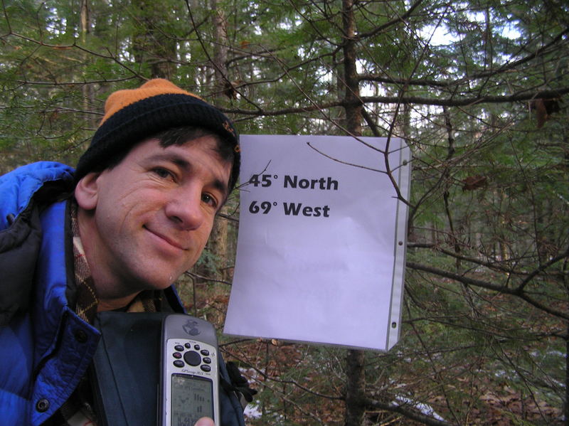 Joseph Kerski, wearing Grand Junction High School hat, at the confluence of 45 North 69 West.