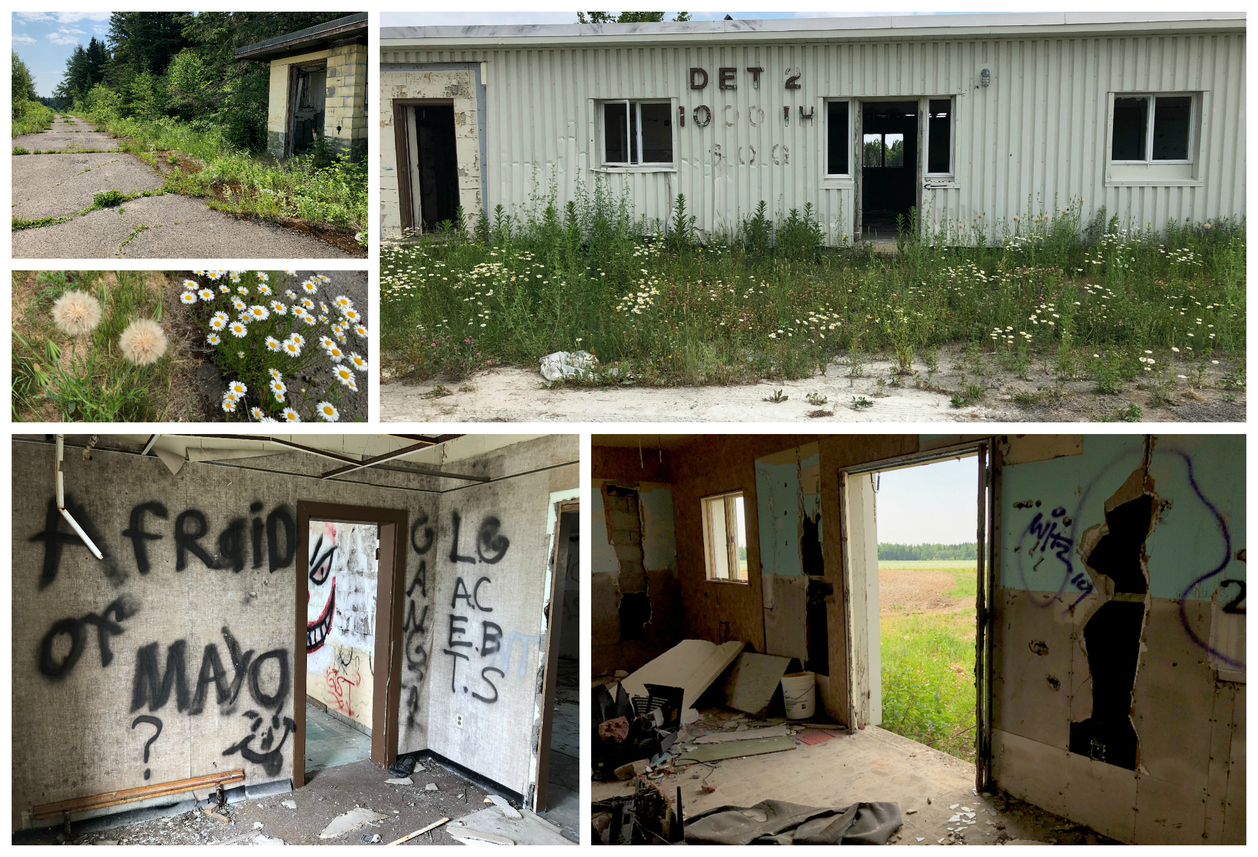 Derelict sentry post on US-1 (Not current confluence access point); “Detachment 2, 1000th Satellite Operations Group” sign; Abandoned interior with southeast view to confluence point.