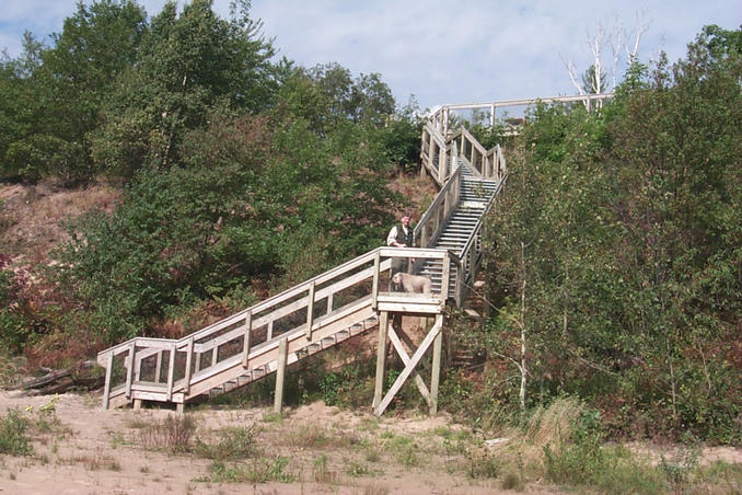 The stairway leading from the scenic overlook to the beach.