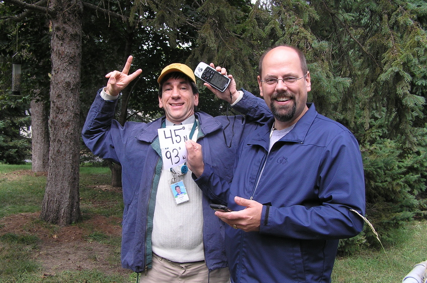 Joseph Kerski and Roger Palmer celebrate confluence centeredness.