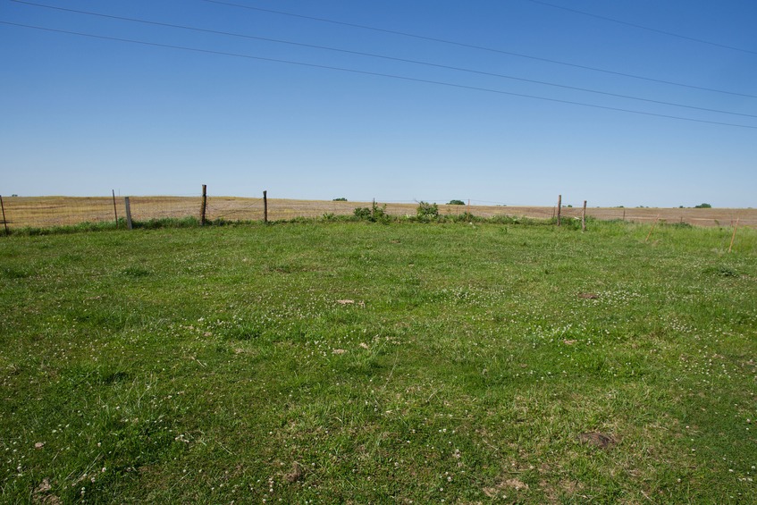 The confluence point lies in this grassy farm field. (This is also a view to the North)