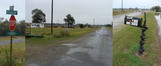 #7: The approach on Colony Road with 33N 91W off to the left, flanked by pictures of Newsom Rd. sign and vowel-less mailbox.