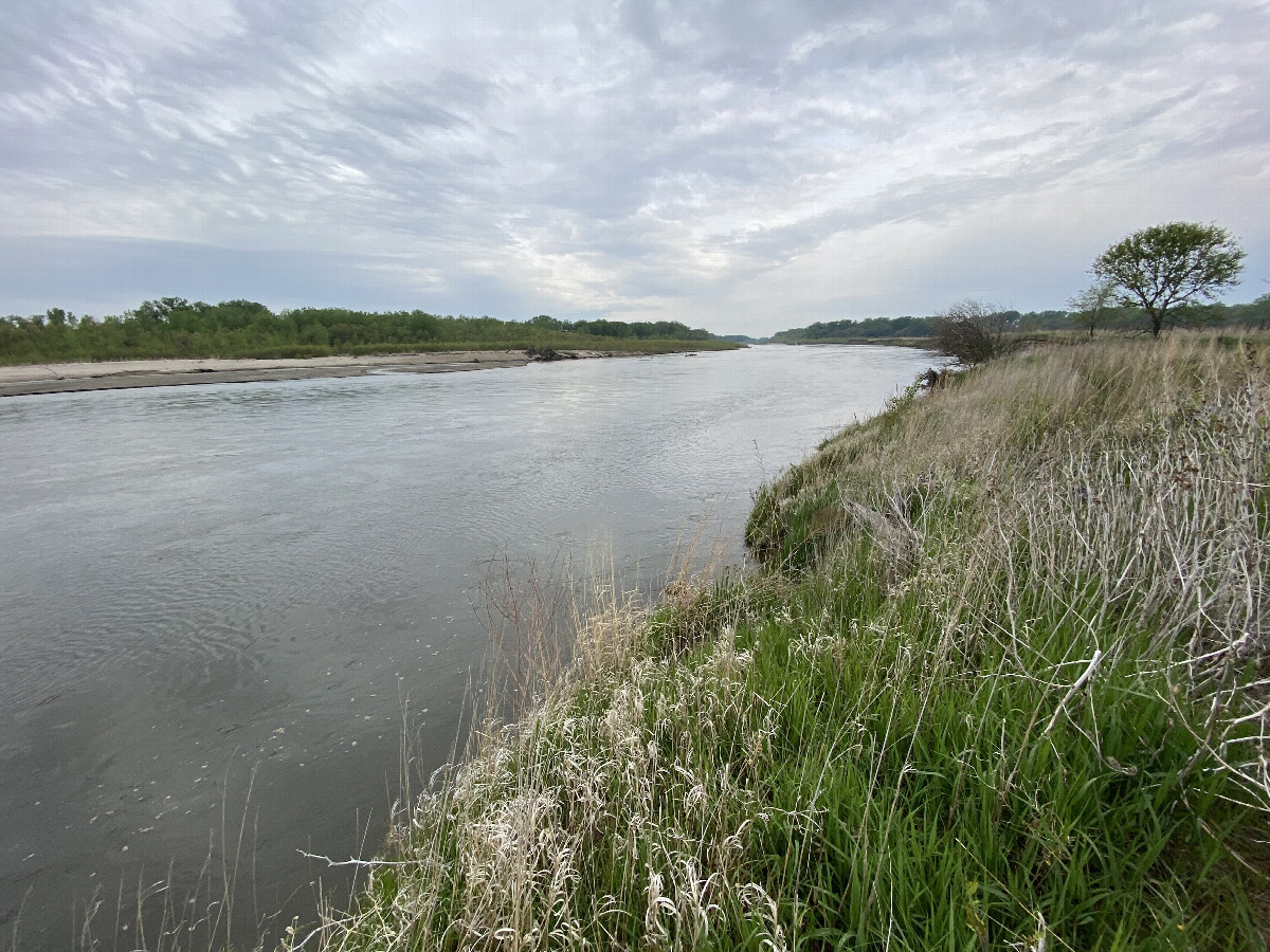 The Elkhorn River, which runs south of the point from west to east, looking west (upstream). 