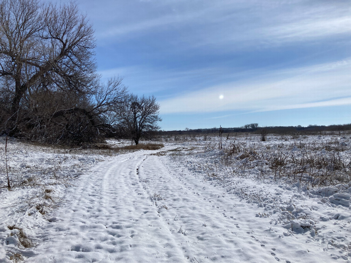 The snowy path that passes near 42N 97W
