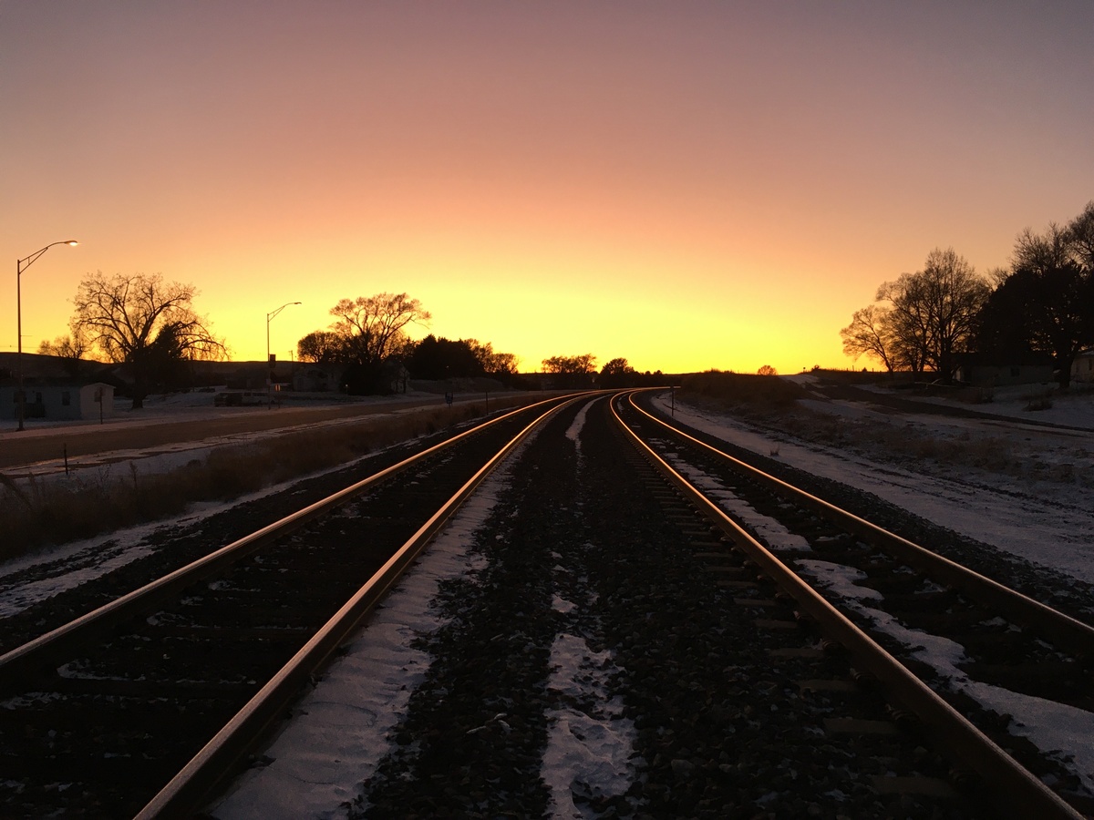 Train tracks across from my hotel at dusk