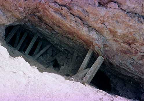 Fluorite mine with timbers.