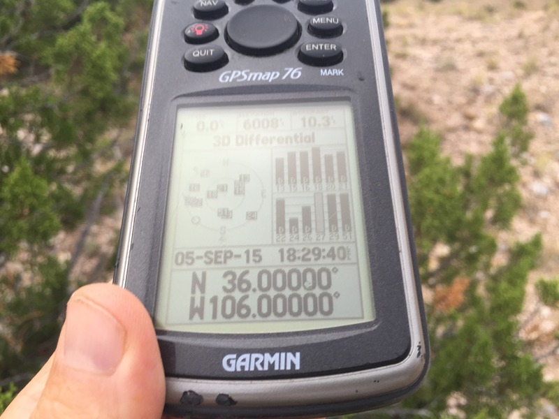 GPS reading at the confluence of 36 North 106 West. 