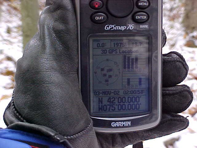 GPS screen showing 42N, 75W