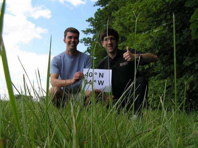 Josh Flory and Joseph Kerski celebrate their arrival at the confluence.