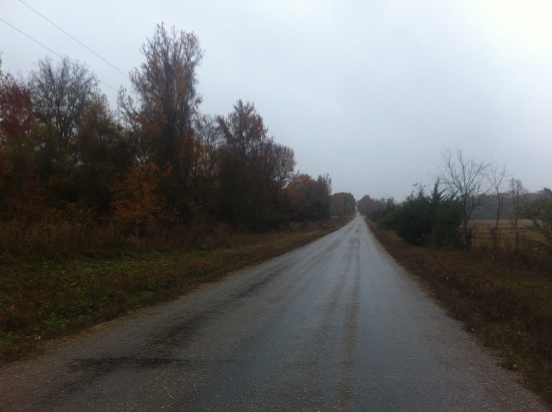 Wet and Lonely Road:  View from 8 meters to the west of the confluence, looking north.