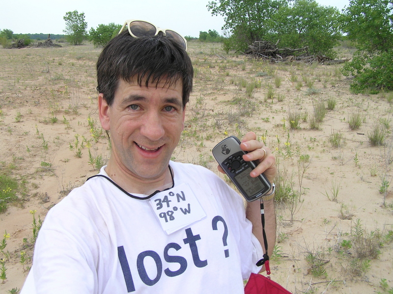 Not Lost:  Joseph Kerski at the confluence of 34 North 98 West.