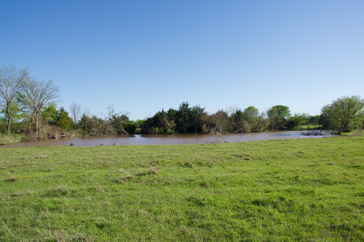 The confluence point lies in a farm field, just South of a rural road.  (This is also a view to the South, towards a pond.)