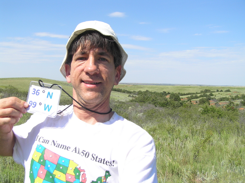 Joseph Kerski at the confluence of 36 North 99 West.