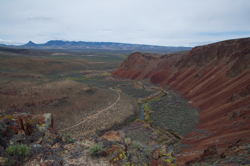 View West (off the cliff, showing McDermitt Creek below, and Disaster Peak and the Trout Creek Mountains beyond)
