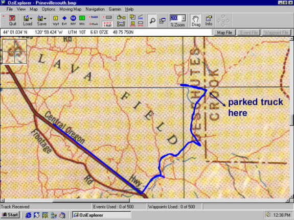 GPS track overlaid on topo map with OziExplorer.