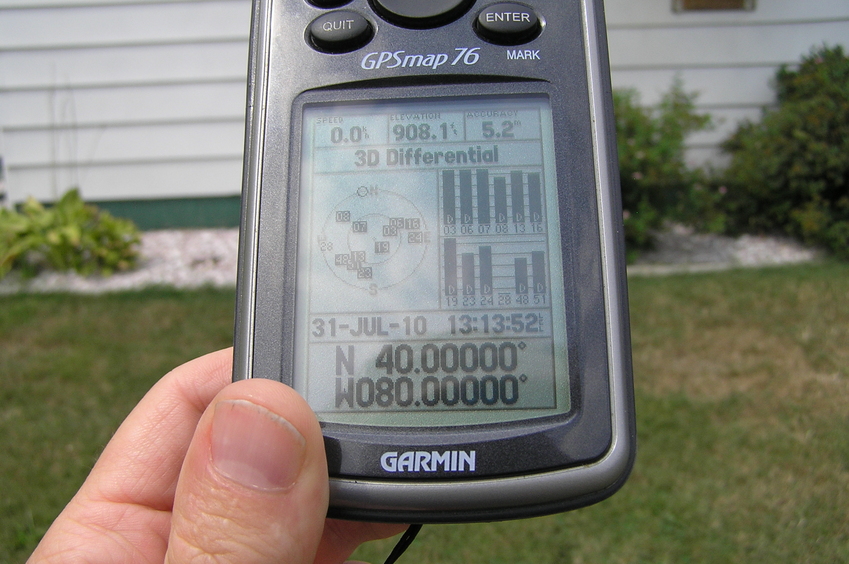 GPS reading at the major confluence of 40 North 80 West.