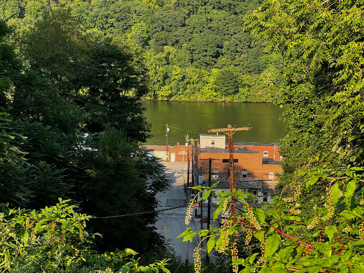 Looking down at the Monongahela River from a viewpoint 300 feet Southeast of the point