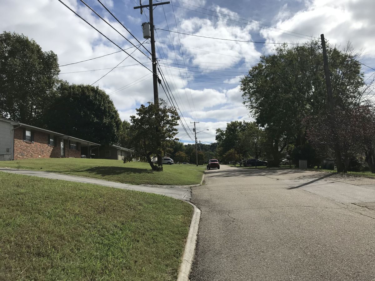 View to the southeast from the confluence street. 