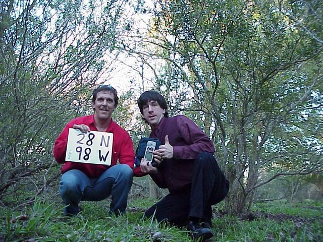 Miguel Pavon and Joseph Kerski arrive at the confluence of 28 N 98 W.