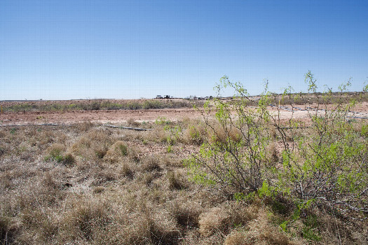 #1: The confluence point lies just South of the New Mexico-Texas state line.  (This is also a view to the South (Texas), showing workers at an oil processing facility.)