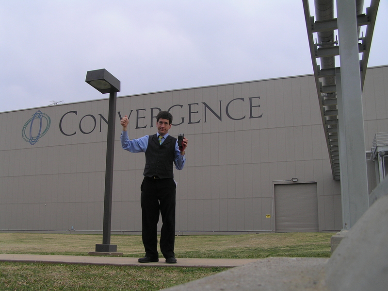 Joseph Kerski feeling doubly centered at the only confluence with the giant letters spelling "Convergence."  