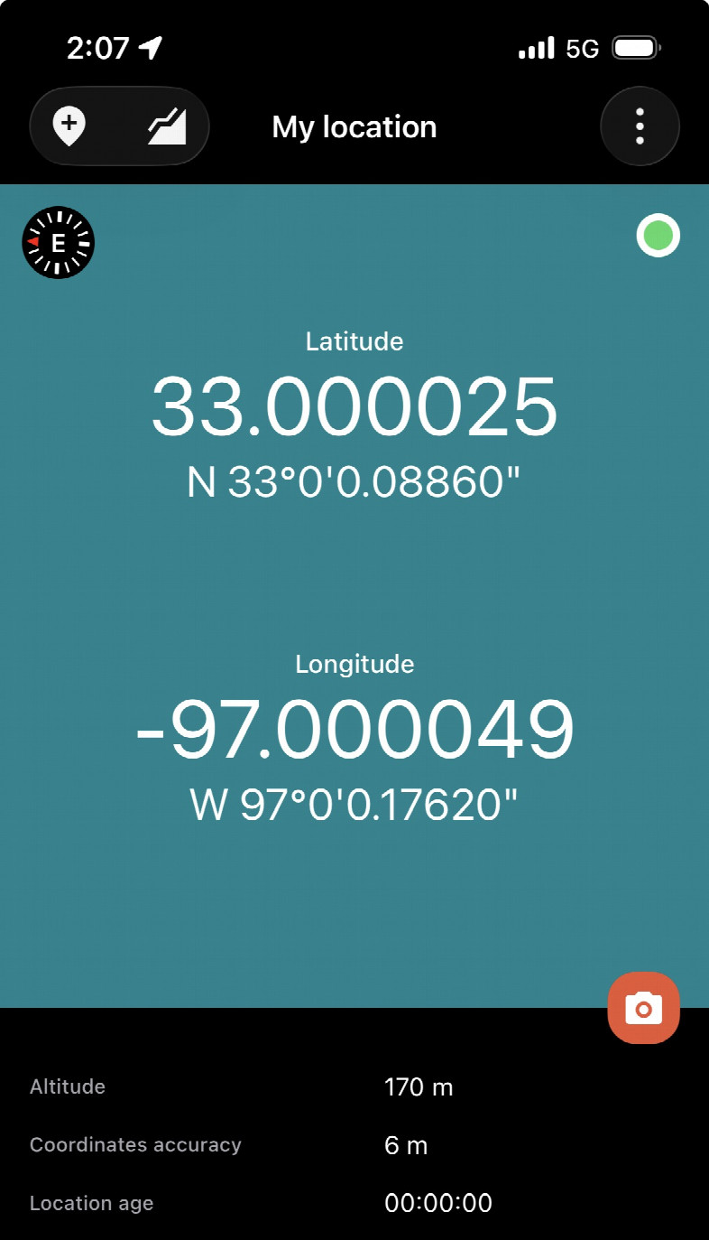 Screenshot of GPS app depicting coordinates and accuracy