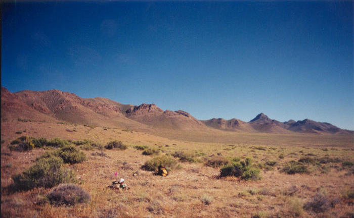 Looking south at the Cricket Mountains.  T. McGee Bear is leaning against the rock cairn already in place when we arrived.