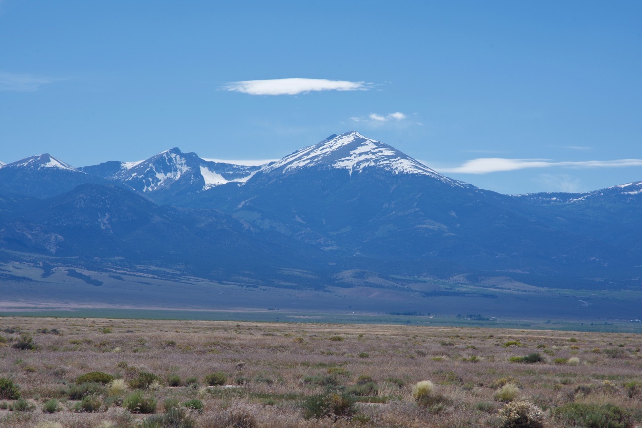 A close-up view of 13,065 ft Wheeler Peak, about 17 miles to the West